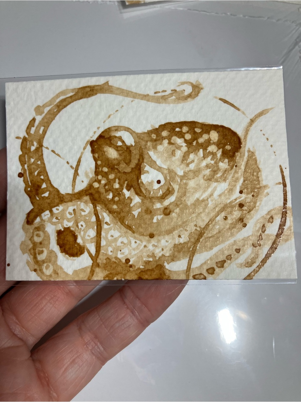 Aceo original fat octopus coffee painting atc java gift or treat yourself
